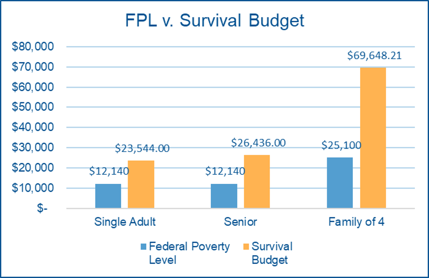Graph of federal poverty level versus survival budget